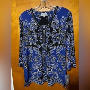 JM Collection Blue and Black Patterned Blouse, Petite XL